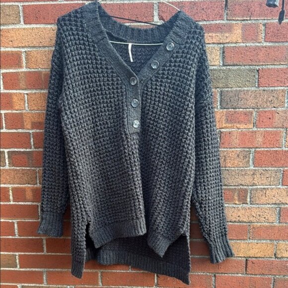 Free People Black V-Neck Sweater with Textured Knit - Picture 1 of 6